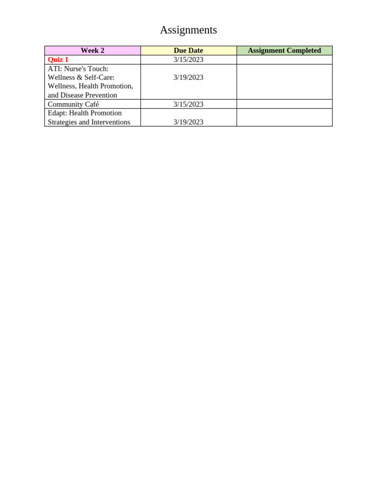 Week 2 Assignment Due Dates | PDF