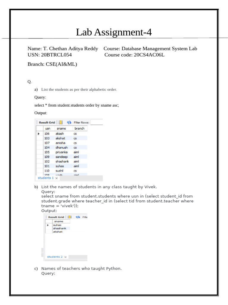 T.chethan Aditya Reddy DBMS LAB 04 | PDF