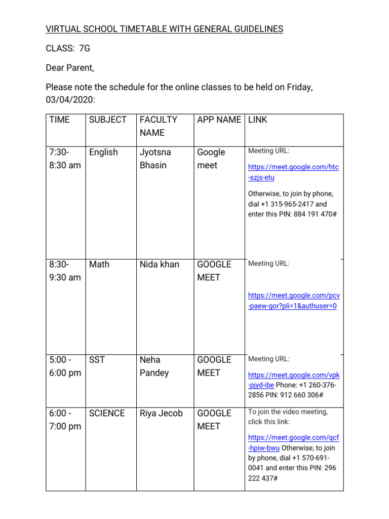 7G Virtual School Timetable Guidelines | PDF