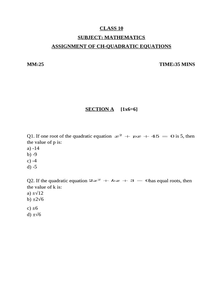 Class 10 Math Assignment: Quadratic Equations | PDF