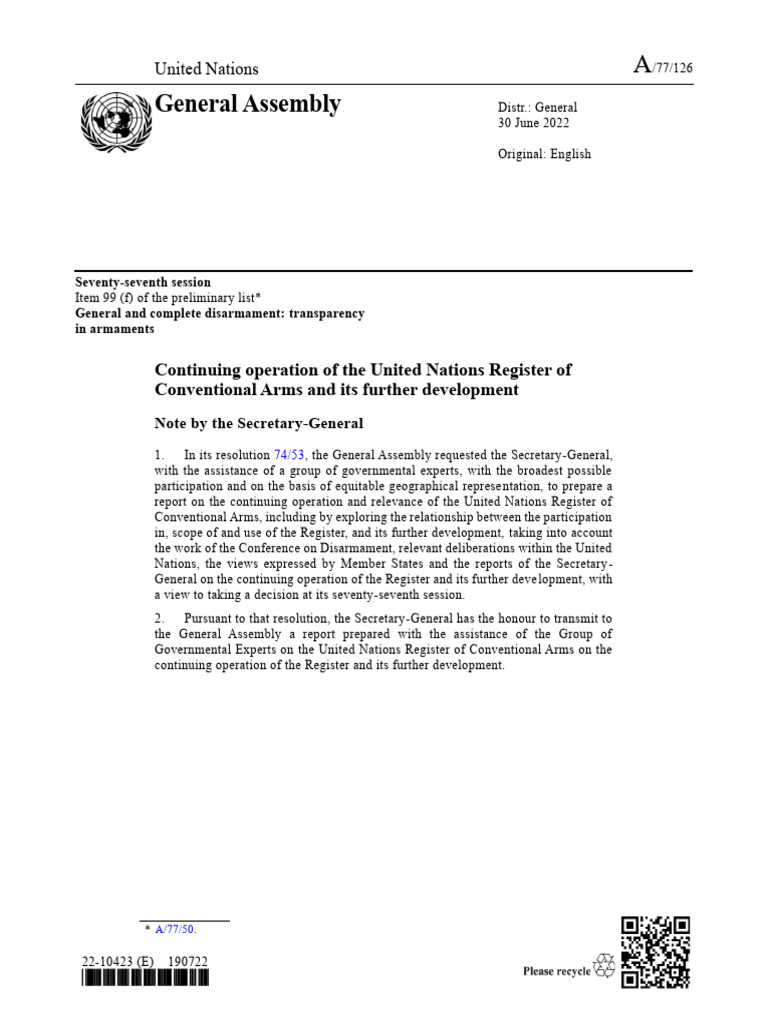 UN Report on Conventional Arms Register | PDF | United Nations General ...
