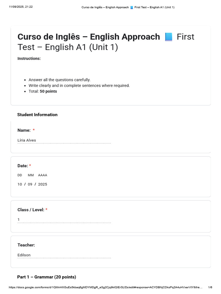 English A1 Unit 1 Test Overview | PDF | Linguistics