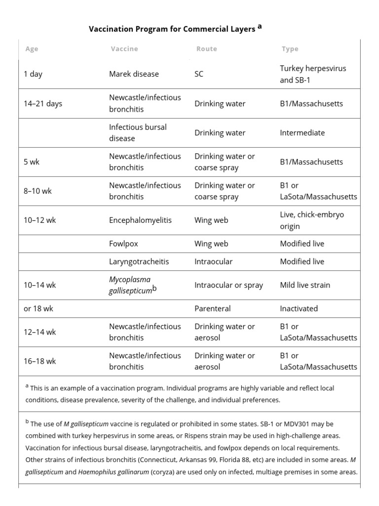 Vaccination Schedule for Commercial Layers | PDF | Vaccines | Immunology