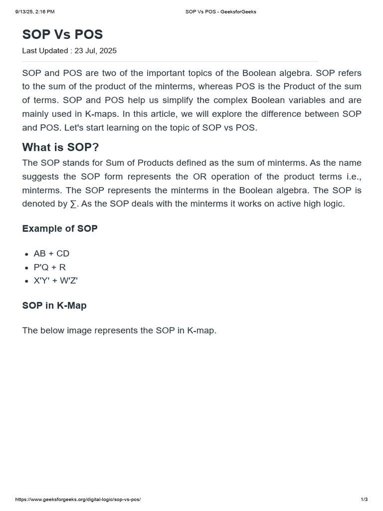 SOP Vs POS - GeeksforGeeks | PDF | Mathematics | Mathematical Logic