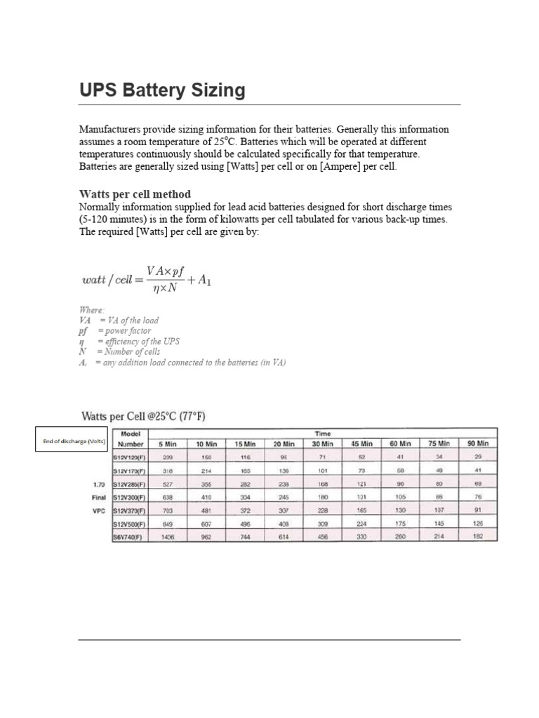 UPS Battery Sizing Guide | PDF