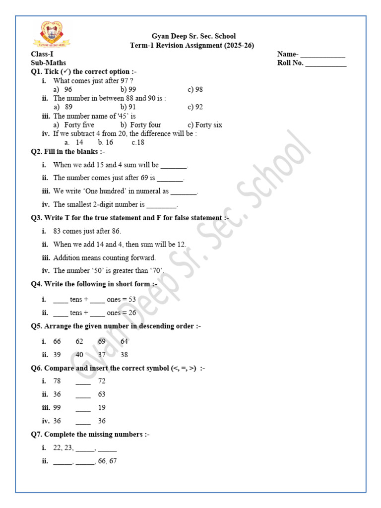 Class 1 Maths Revision Assignment 2025-26 | PDF