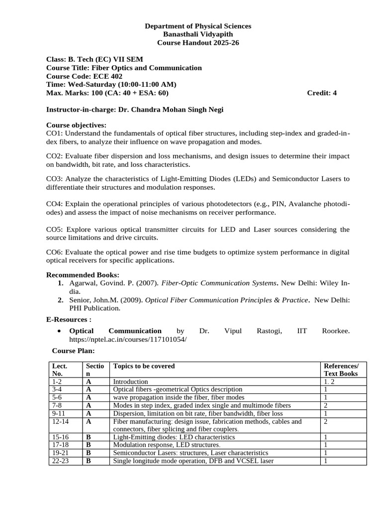 ECE 402 Fiber Optics and Communication - 2025-26 | PDF | Fiber Optic ...