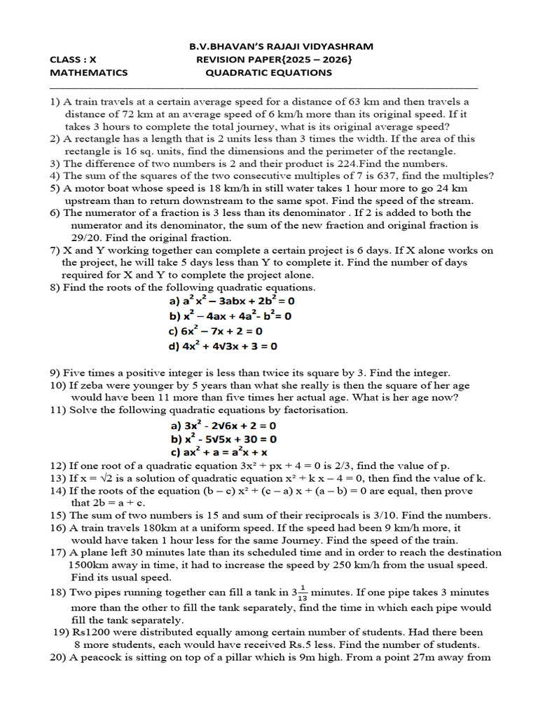 Class X Math Revision: Quadratic Equations | PDF | Arithmetic | Mathematics