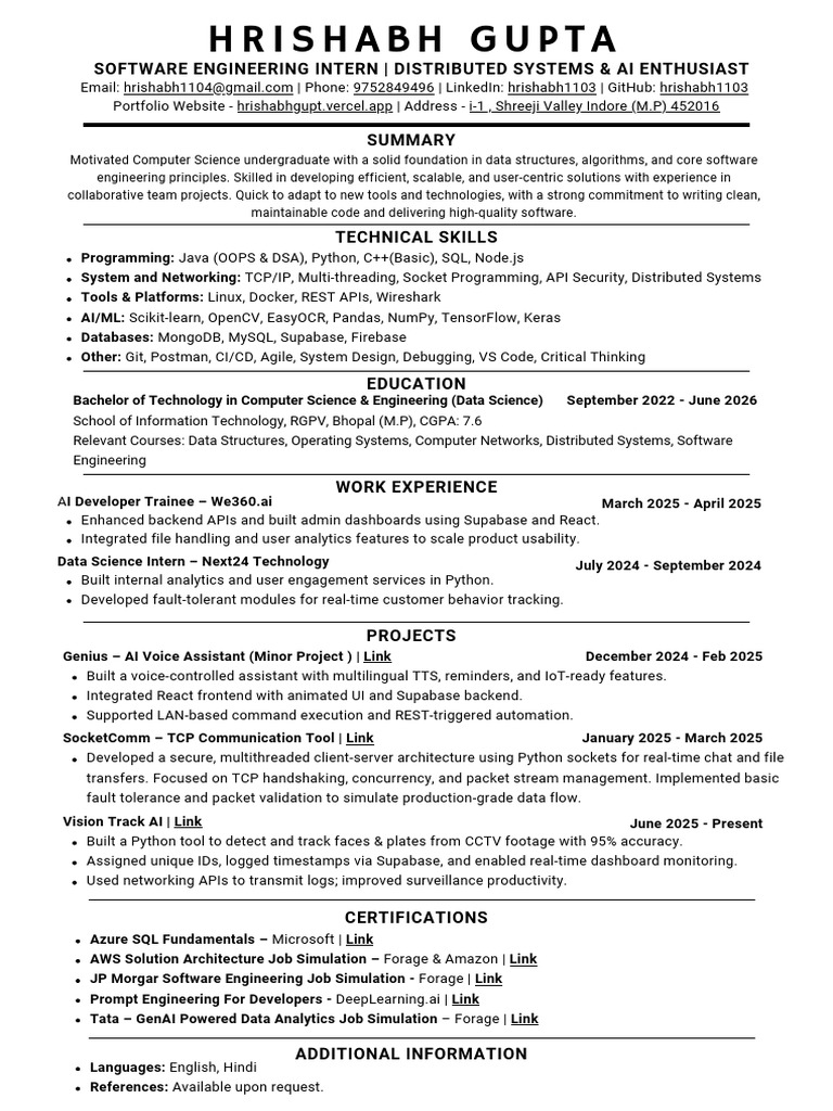 Software Engineering Profile of Hrishabh Gupta | PDF | Transmission ...