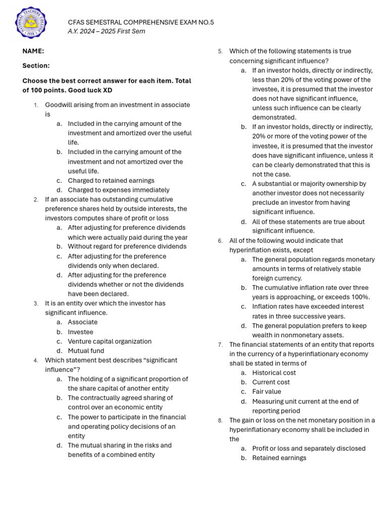 CFAS Comprehensive Exam No. 5 Guide | PDF | Fair Value | Banks