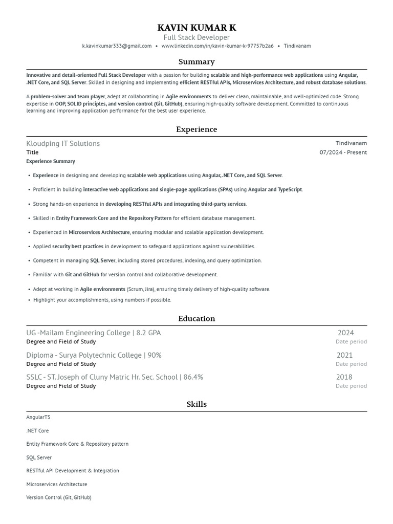 Kav in Ku Mark Resume | PDF | Microsoft Sql Server | Entity Framework