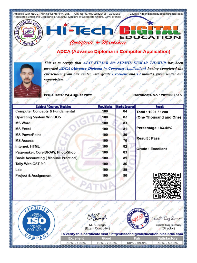 Ajay Kumar's ADCA Certification | PDF