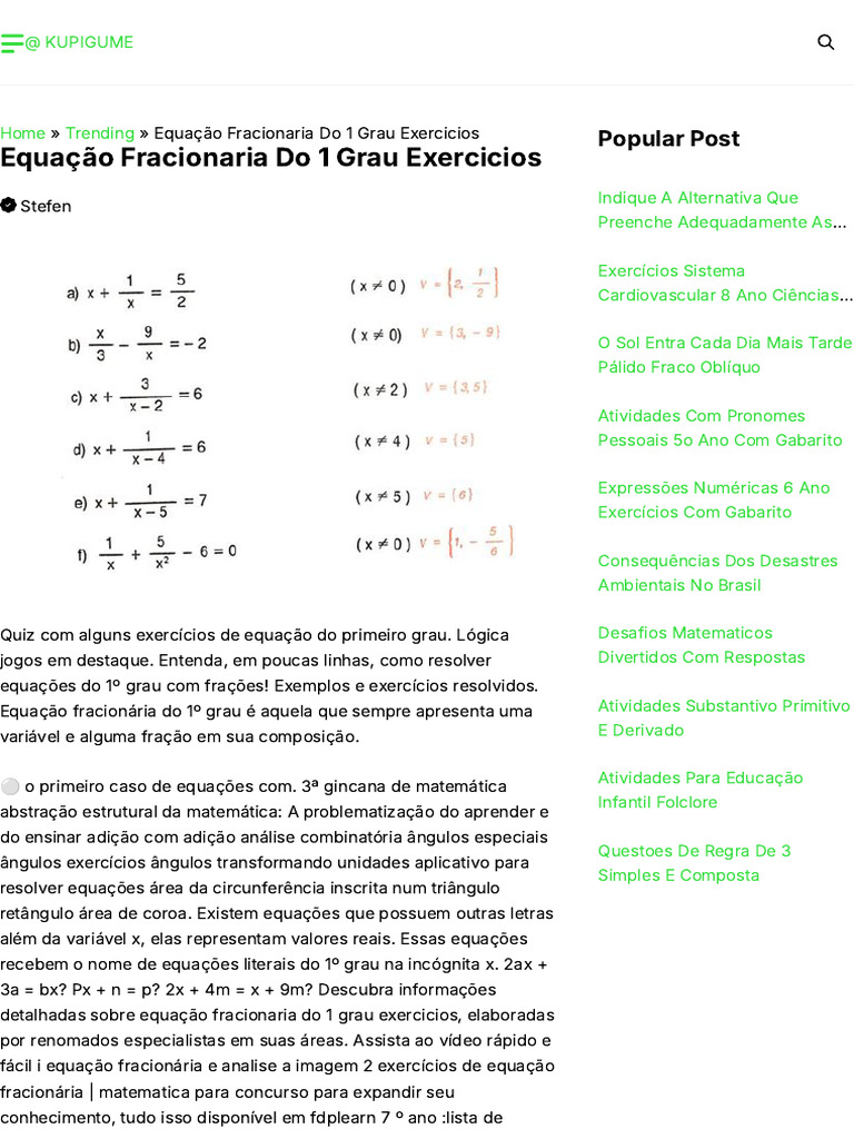 Exercícios de Equação Fracionária 1º Grau | PDF | Equações | Matemática
