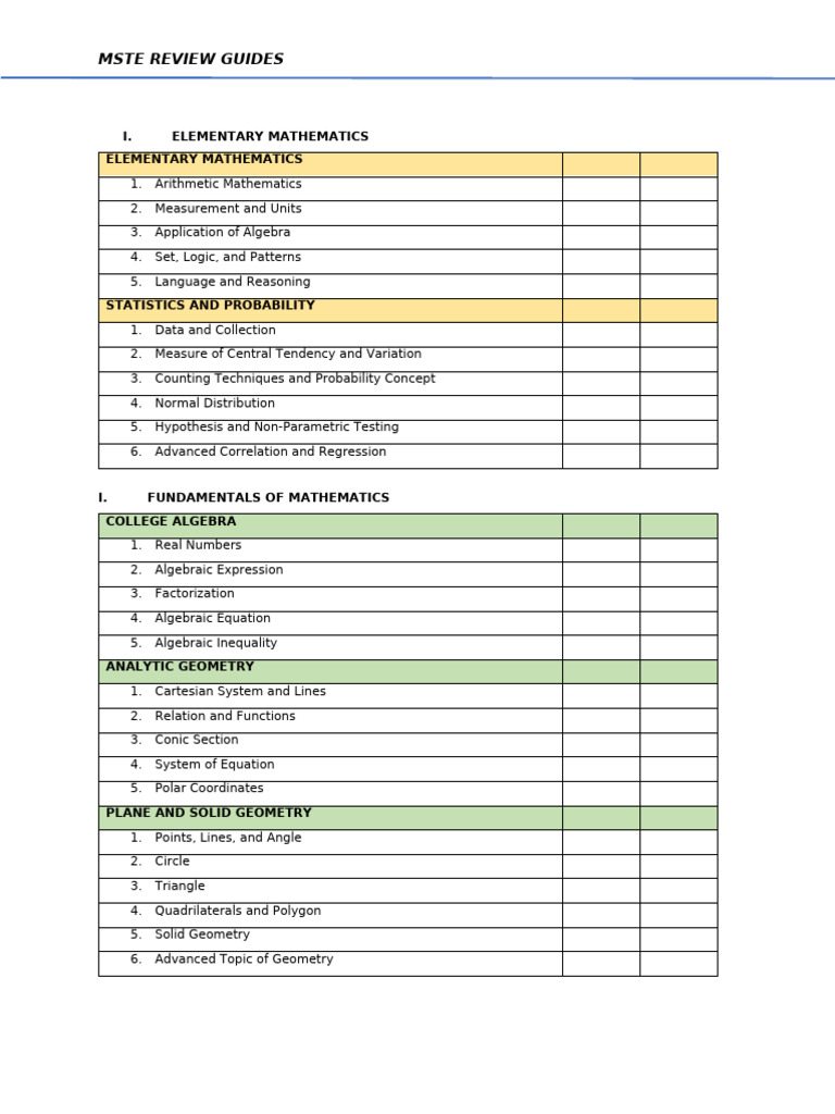 MSTE Checklist | PDF | Equations | Geometry