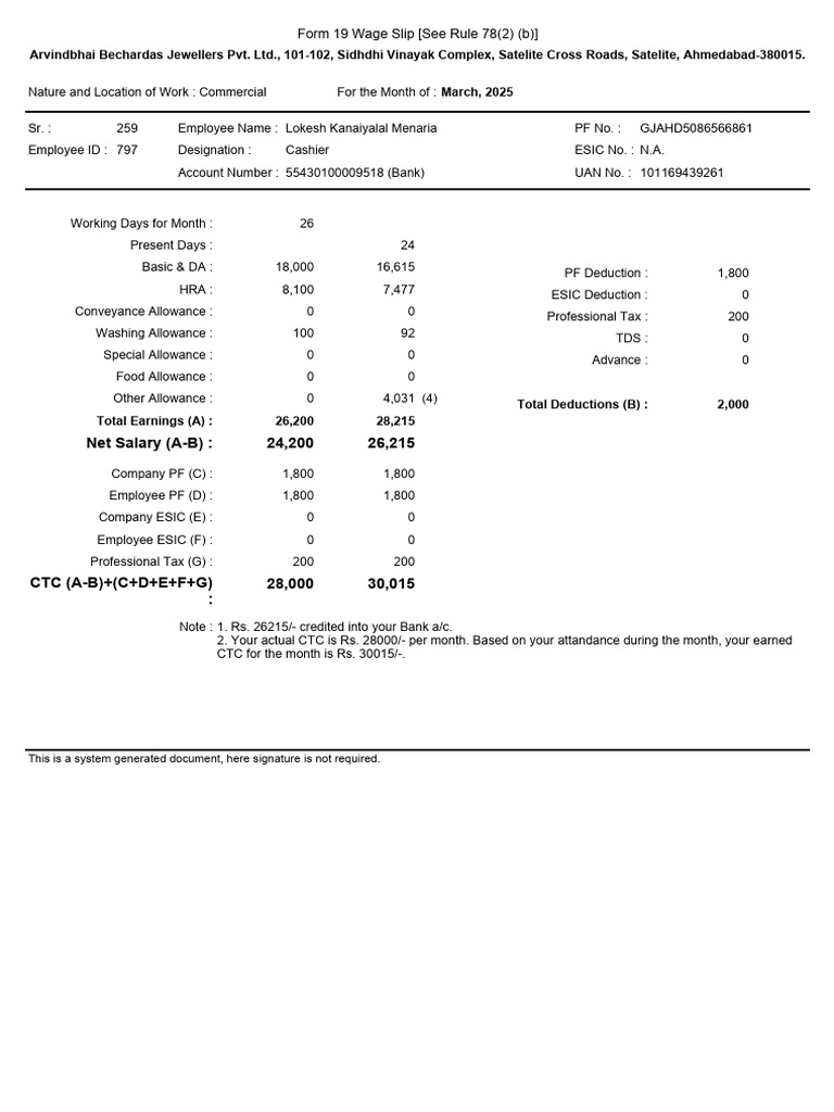 March 2025 Salary Slip for Lokesh Menaria | PDF | Taxes | Government ...