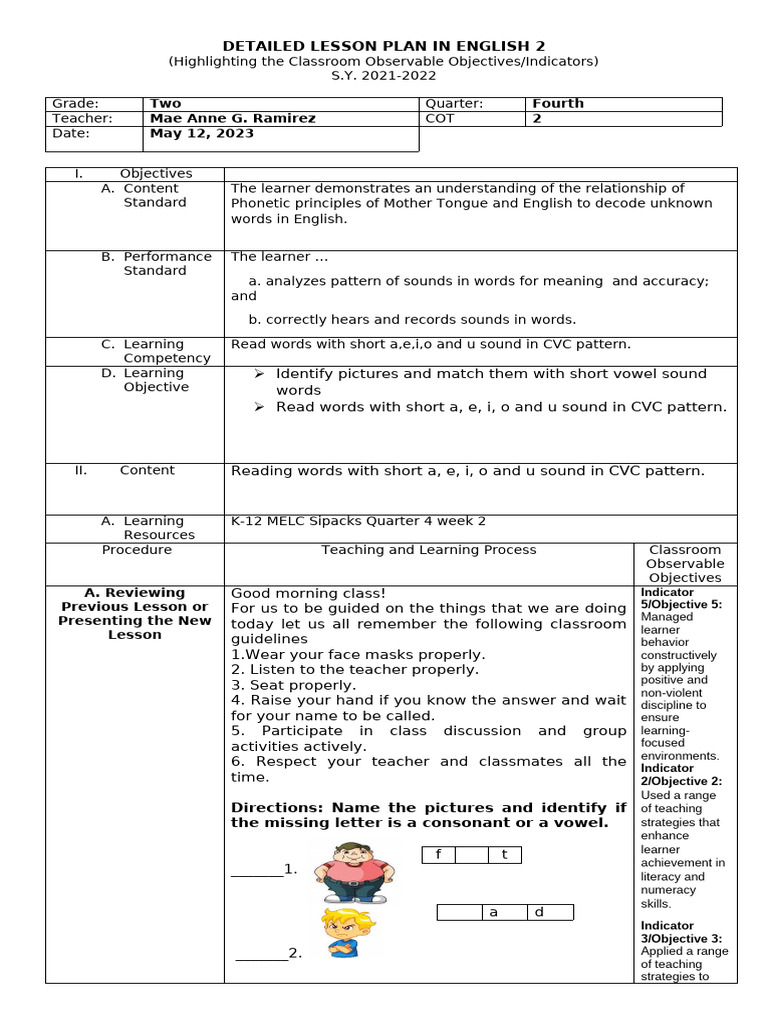 English 2 Lesson Plan: CVC Words | PDF | Learning | Curriculum