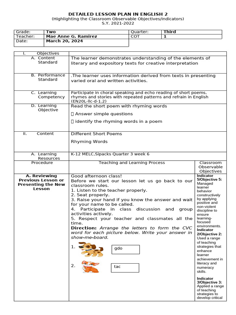 COT2 English Grade 2 Final | PDF | Learning | Curriculum