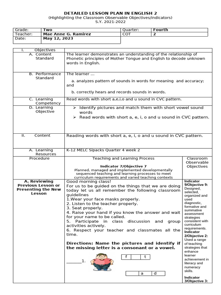 Grade 2 English Lesson Plan: CVC Words | PDF | Curriculum | Literacy