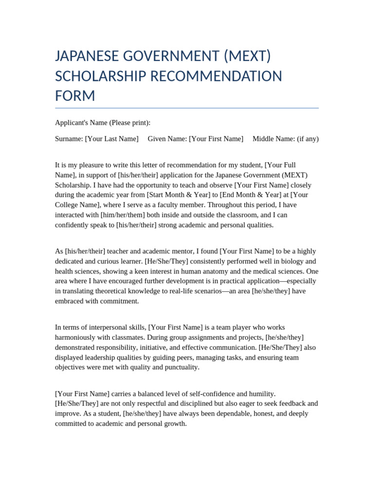 MEXT Scholarship Recommendation Form | PDF | Mentorship | Behavior ...
