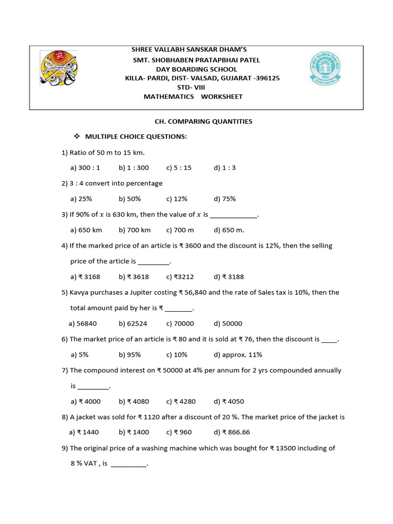 Workshhetstd824 25ch - Comparingquantities 1 | PDF | Prices | Economies