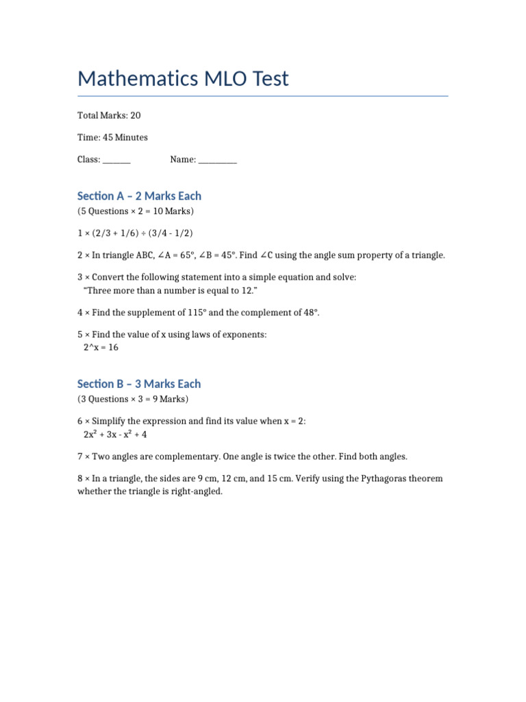MLO Math Test 20 Marks Multiplication Format | PDF