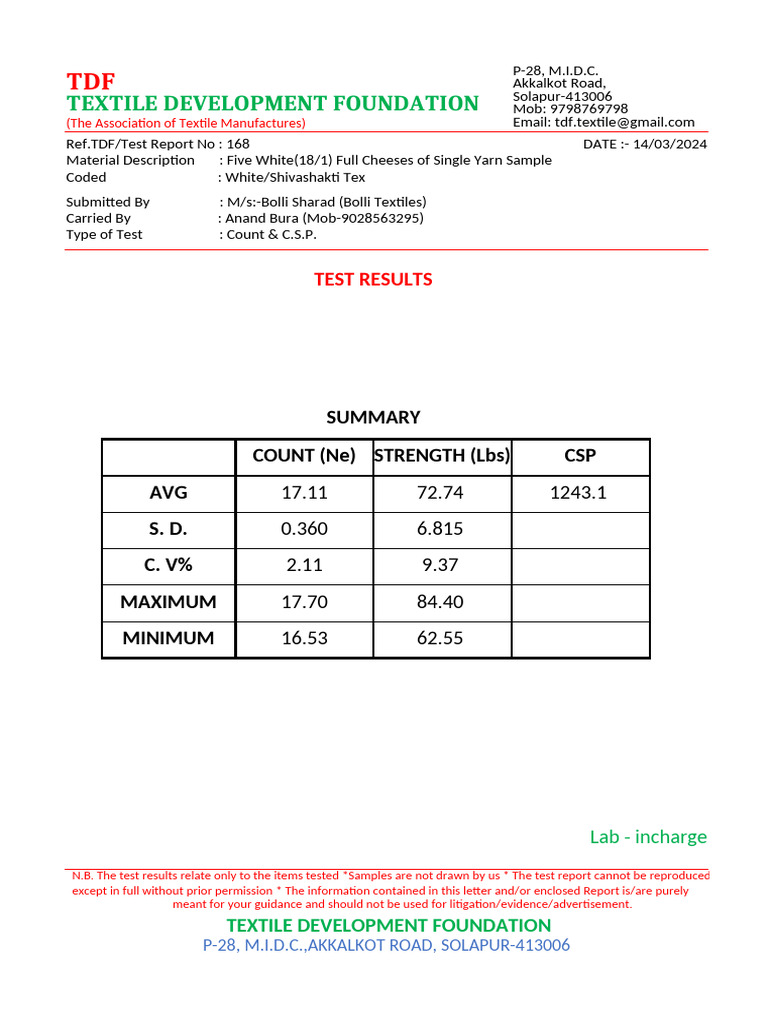 Textile Yarn Test Report Summary | PDF | Textiles