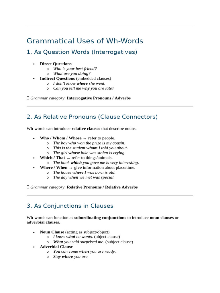 Analysis of WH Words Grammar Aspect | PDF