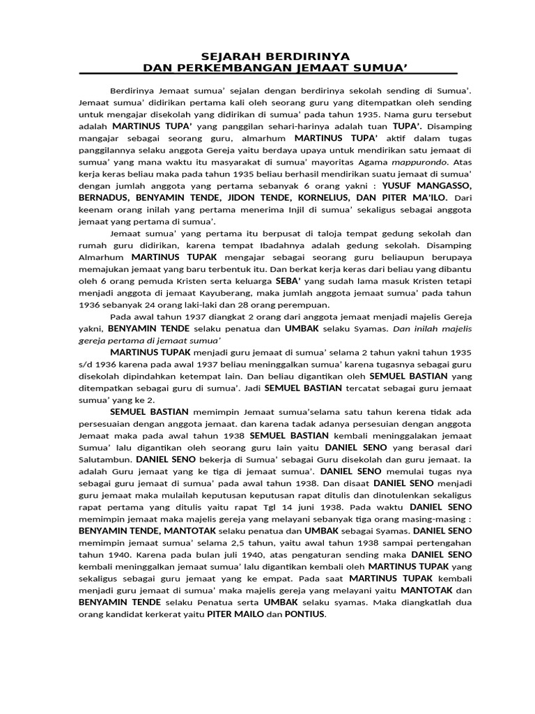 Sejarah Jemaat Sumua' 1935-1944 | PDF