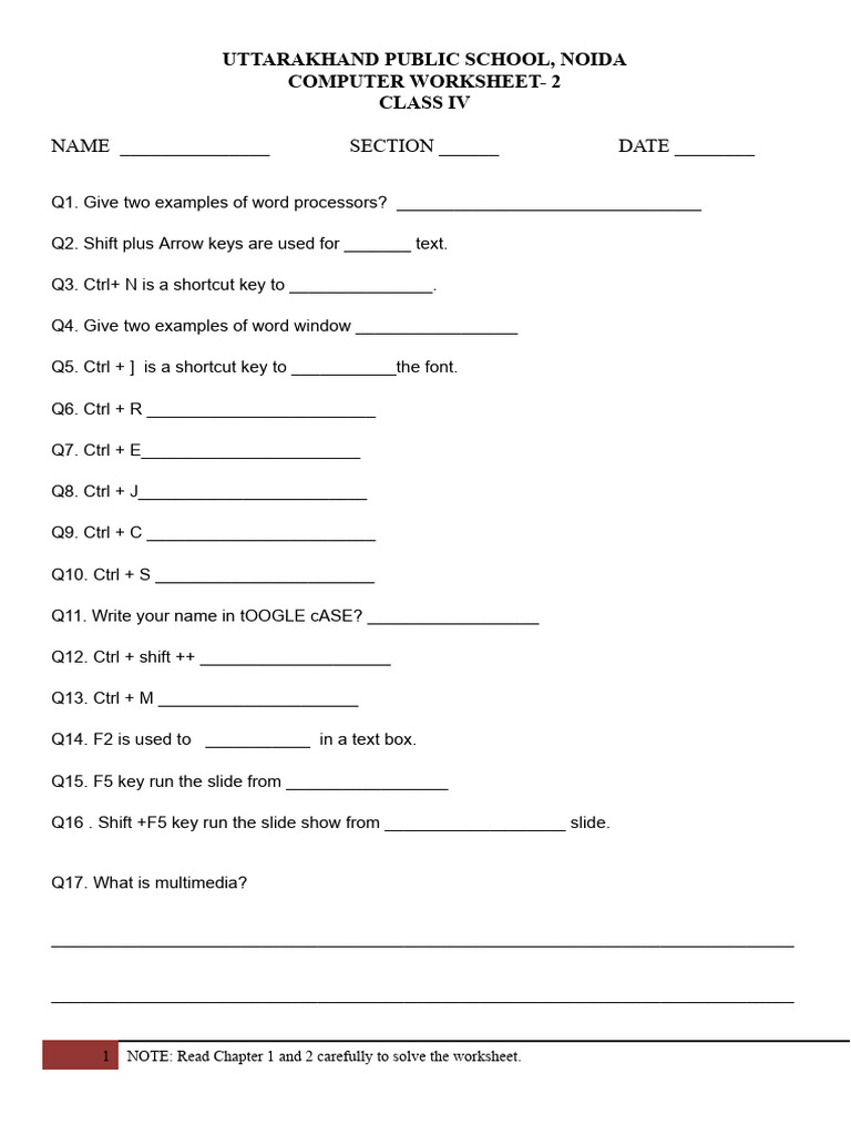 Class IV Computer Worksheet - Uttarakhand | PDF