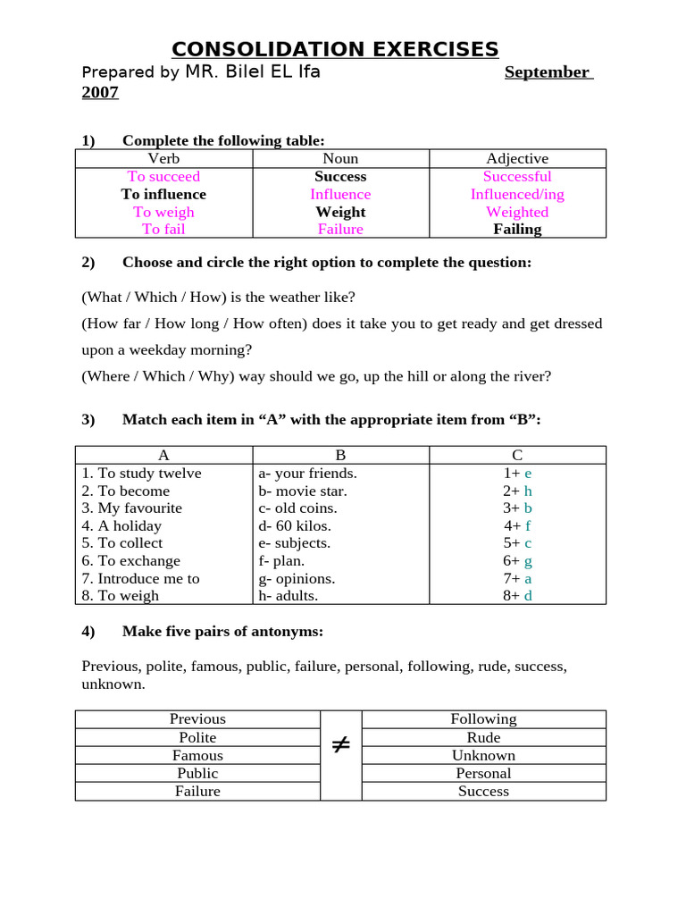 Consolidation Exercises September 2007 | PDF