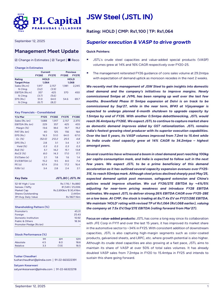 JSW Steel Growth Outlook and Estimates | PDF | Business | Private Sector