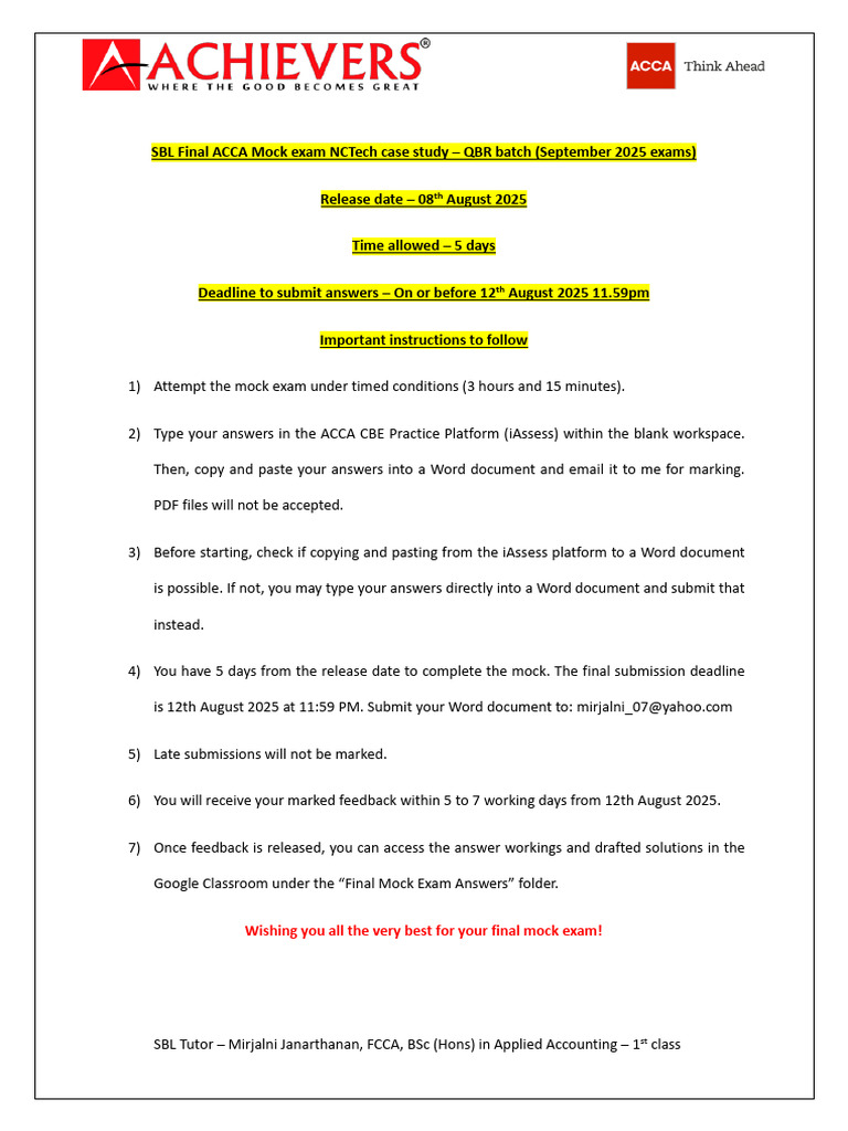 Final ACCA Mock Exam (NCTech Case Study) - Important Instructions To ...
