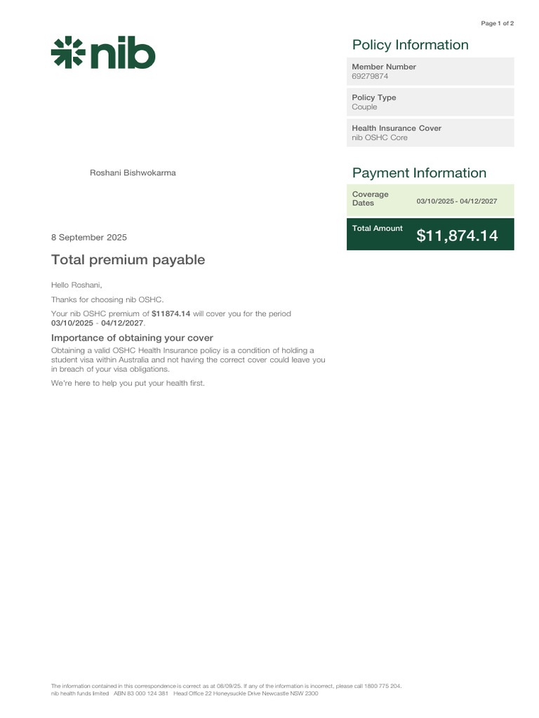 NIB OSHC Premium Statement 2025-2027 | PDF | Business Law | Insurance