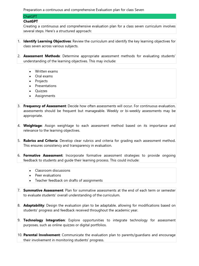 Comprehensive Evaluation Plan for Class 7 | PDF | Educational ...