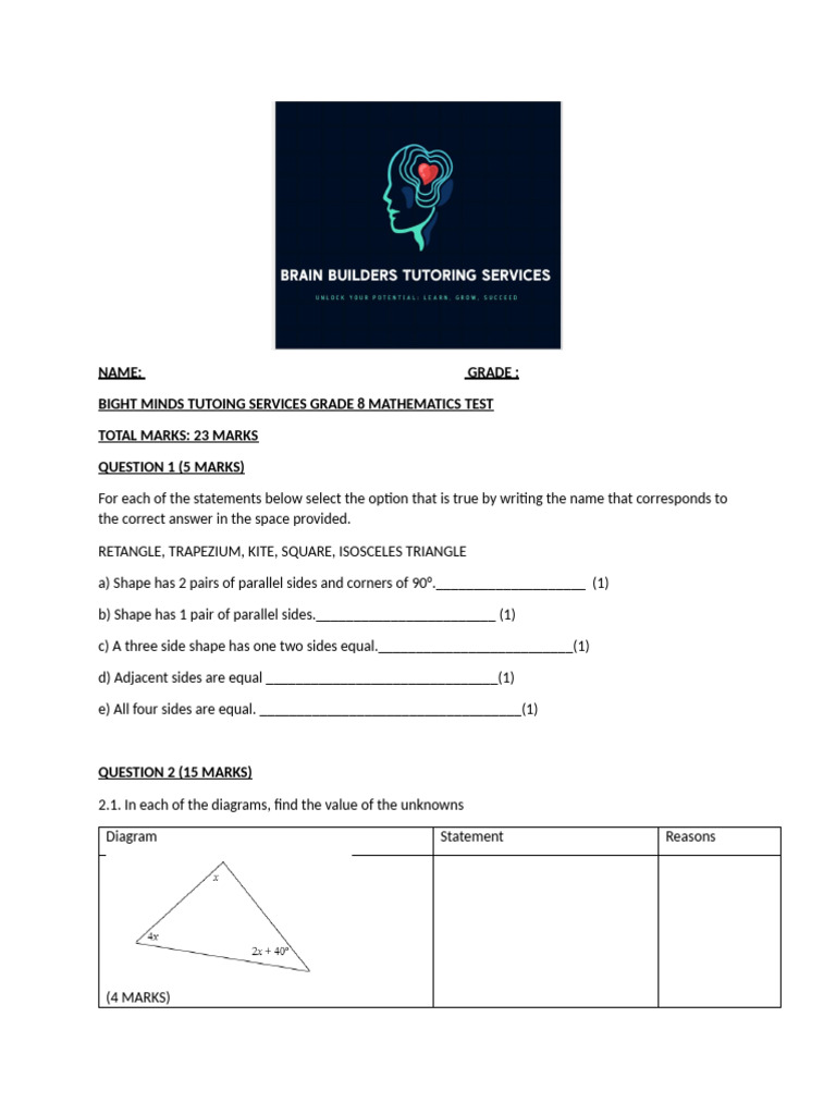 Grade 8 Math Test: Shapes & Geometry | PDF