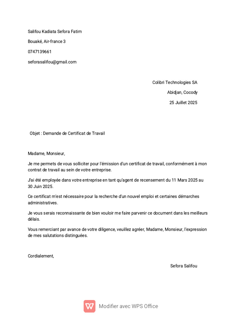 Demande de Certificat de Travail | PDF