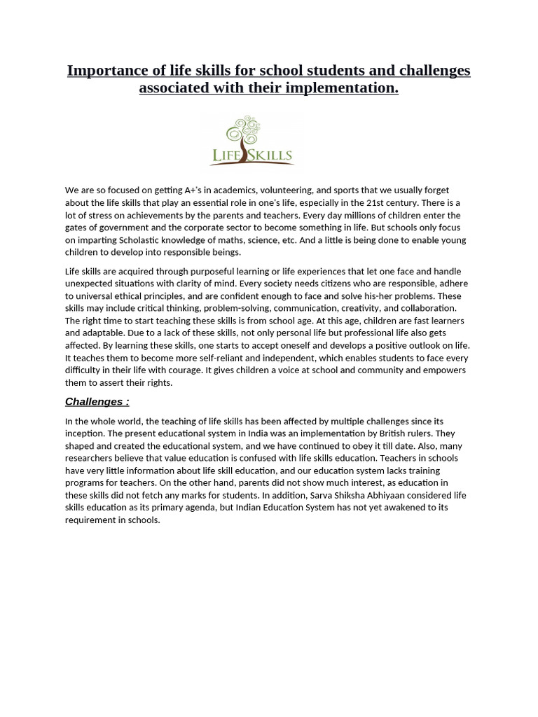 Importance of Life Skills For School Students and Challenges Associated ...