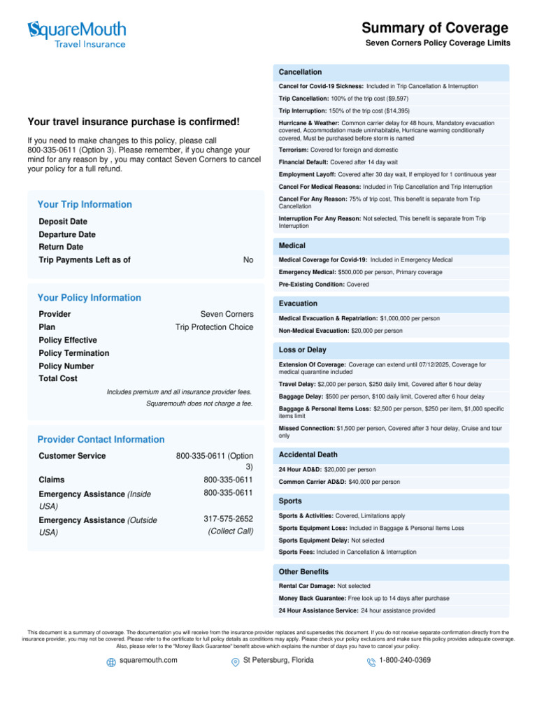 Travel Insurance Confirmation & Coverage Details | PDF | Insurance | Storms