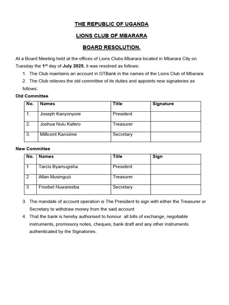 Mbarara Lions Club Board Resolution 2025 | PDF