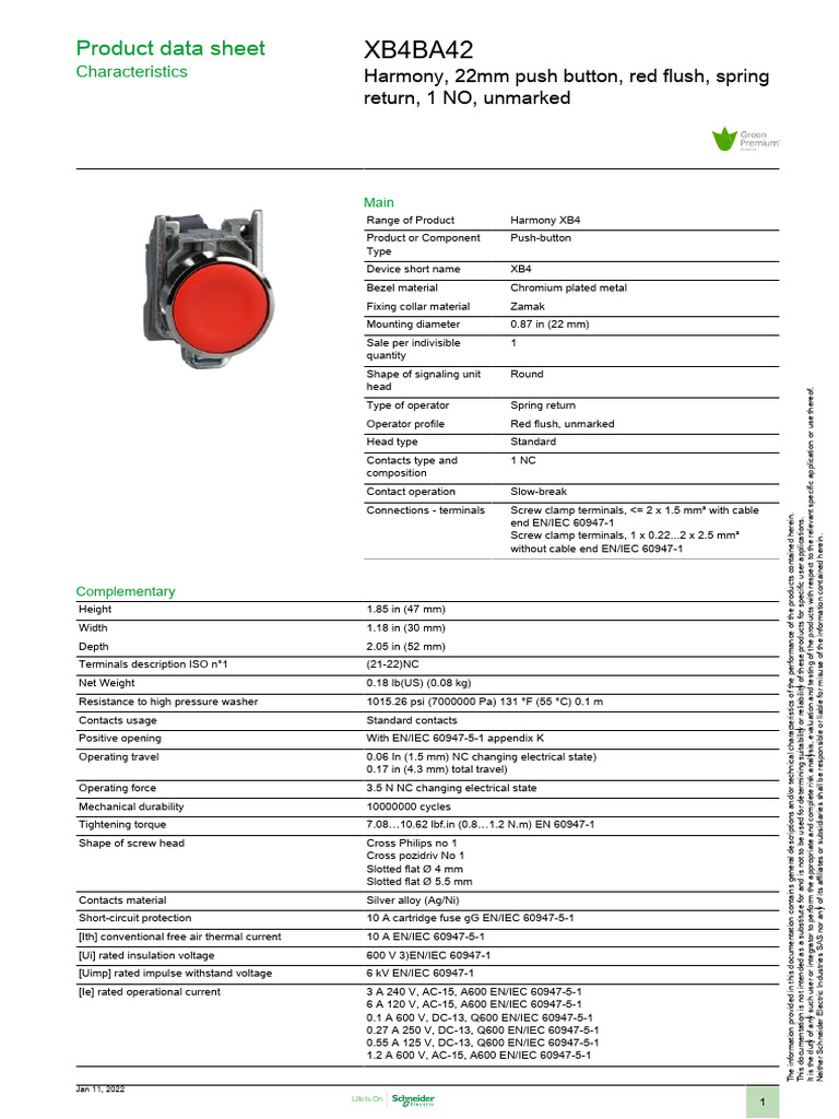 Harmony XB4 Red Push Button Specifications | PDF | Manufactured Goods