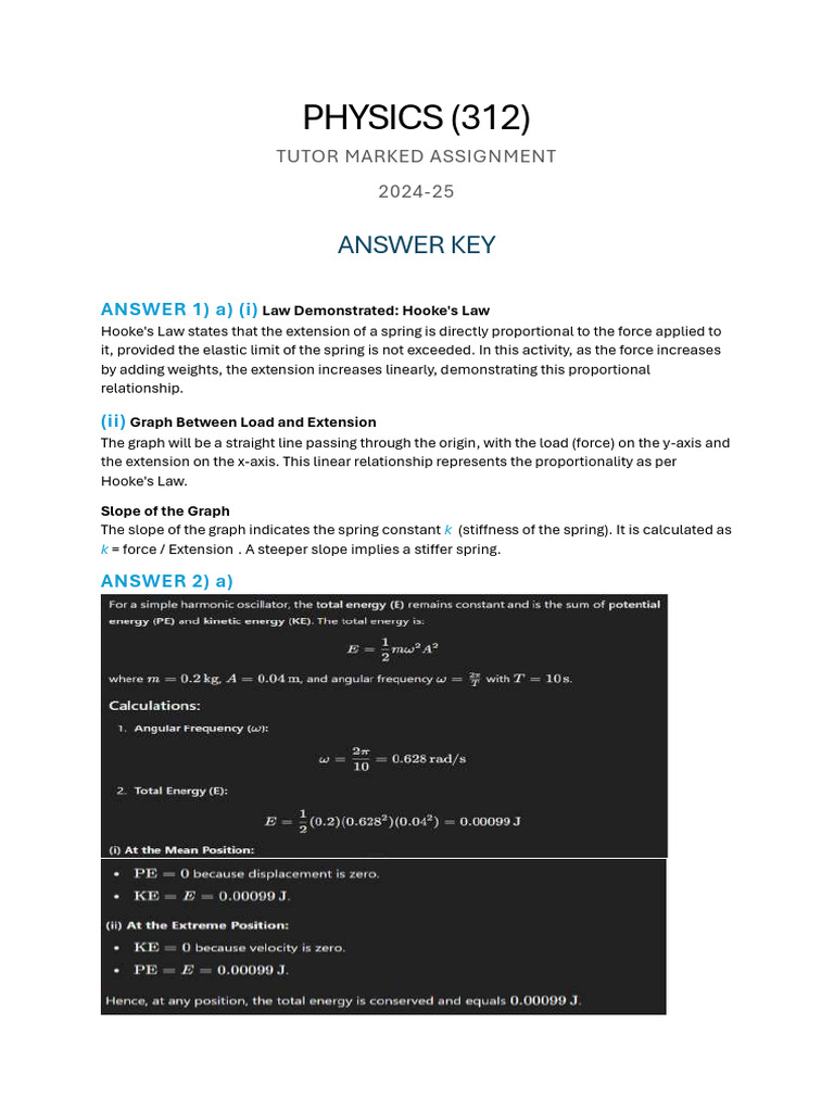Physics Assignment Answer Key 2024-25 | PDF