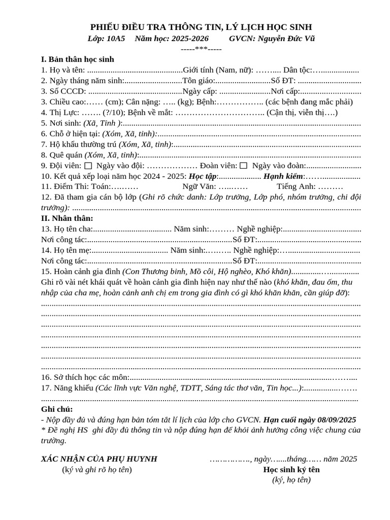 Phieu Dieu Tra Thong Tin Hoc Sinh | PDF