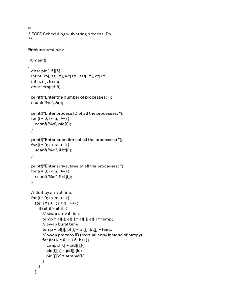FCFS Scheduling in C with Process IDs | PDF