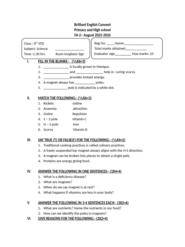Science Worksheet for Class 6 Students | PDF