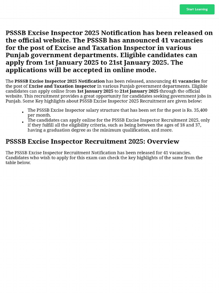 PSSSB Excise Inspector 2025 RecruitmentExam Info | PDF