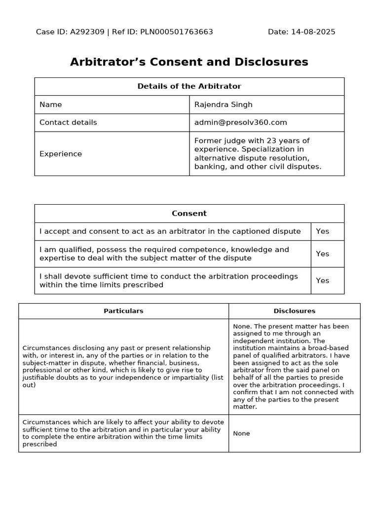 Arbitrator Consent and Disclosures A292309 | PDF | Arbitral Tribunal ...