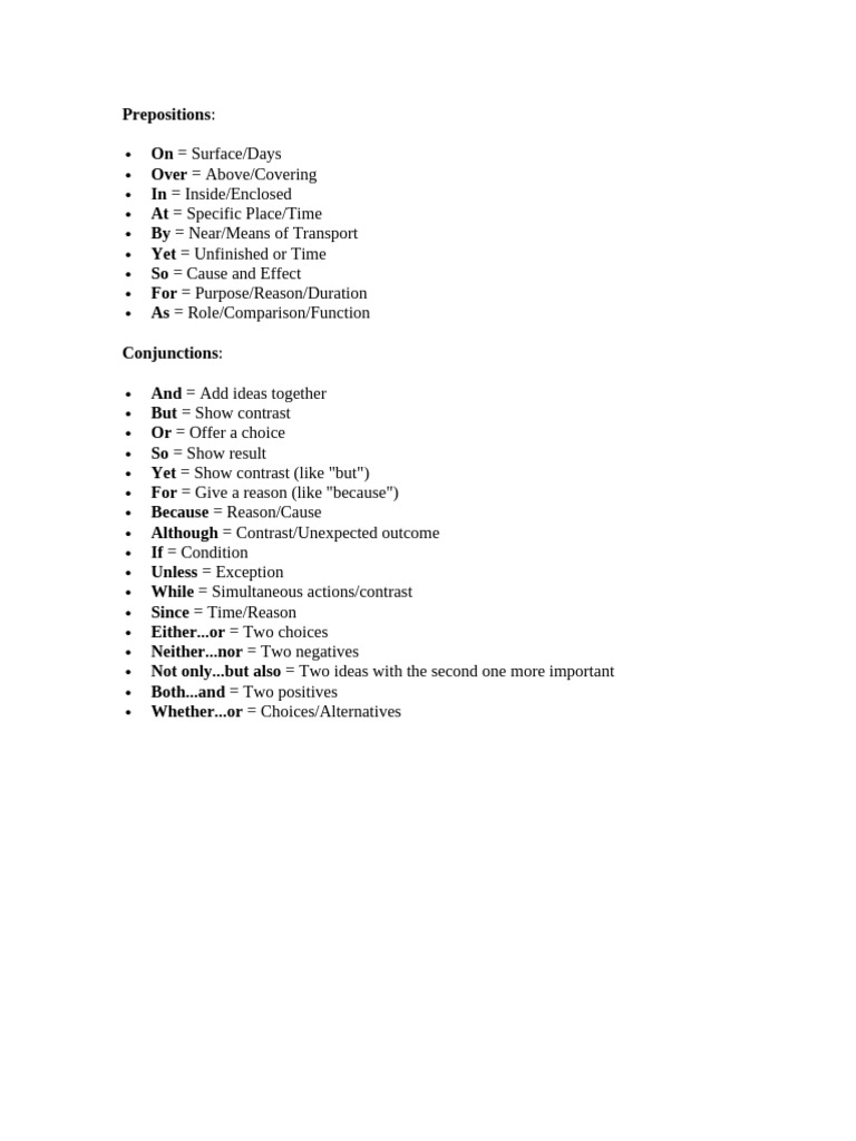 Prepositions and Conjunctions Guide | PDF