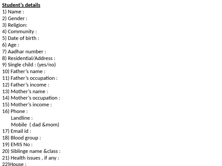 Student Information Form Template | PDF