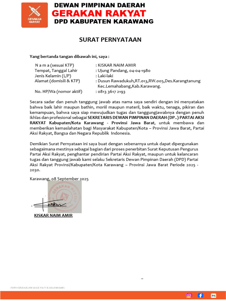 Surat Pernyataan DPD Partai Aksi Rakyat Karawang | PDF