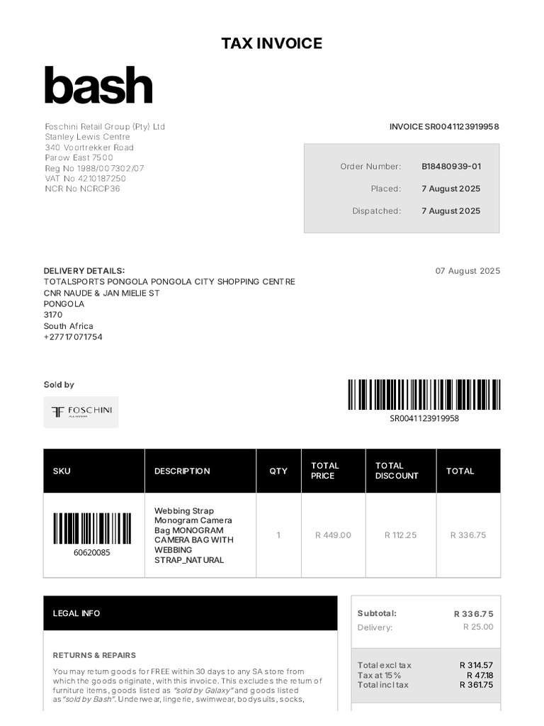 Tax Invoice: SKU Description QTY Total Price Total Discount Total | PDF ...